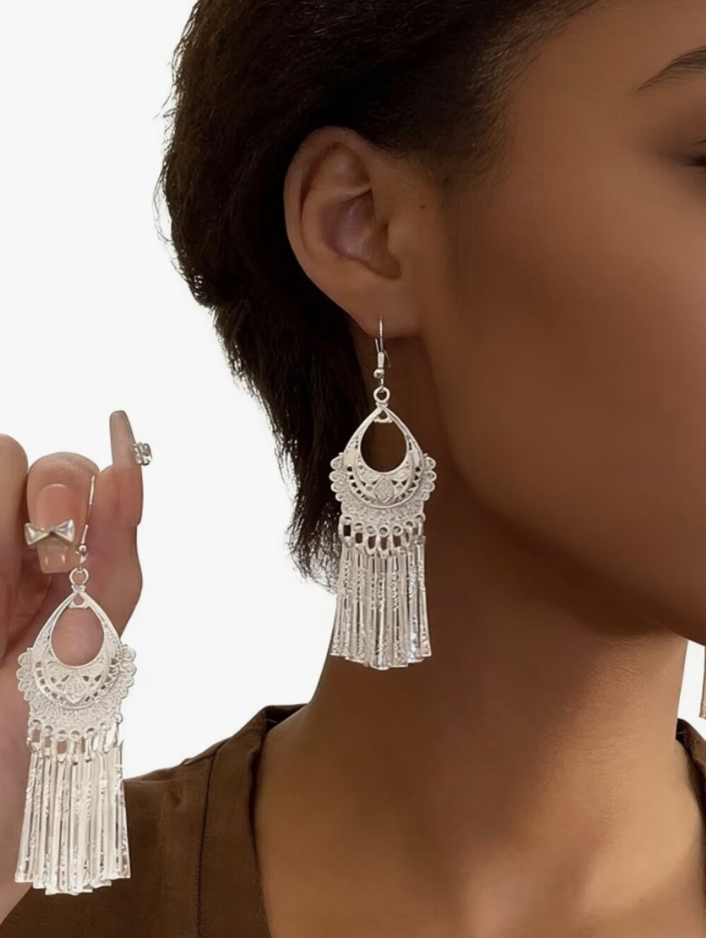 Silver Filigree Fringe Drop Earrings for Women